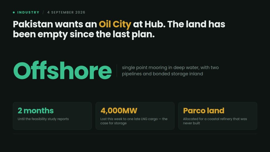 Data card: Pakistan is planning an Oil City at Hub in Balochistan with an offshore single point mooring, two pipelines to Kemari and Port Qasim and bonded storage, on land previously allocated to Parco for a refinery never built