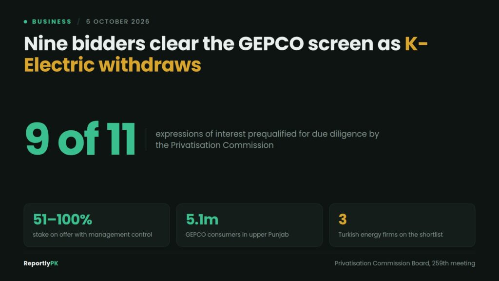 Data card: nine of eleven expressions of interest prequalified for GEPCO privatisation, with a 51 to 100 percent stake on offer, 5.1 million consumers and three Turkish energy firms shortlisted